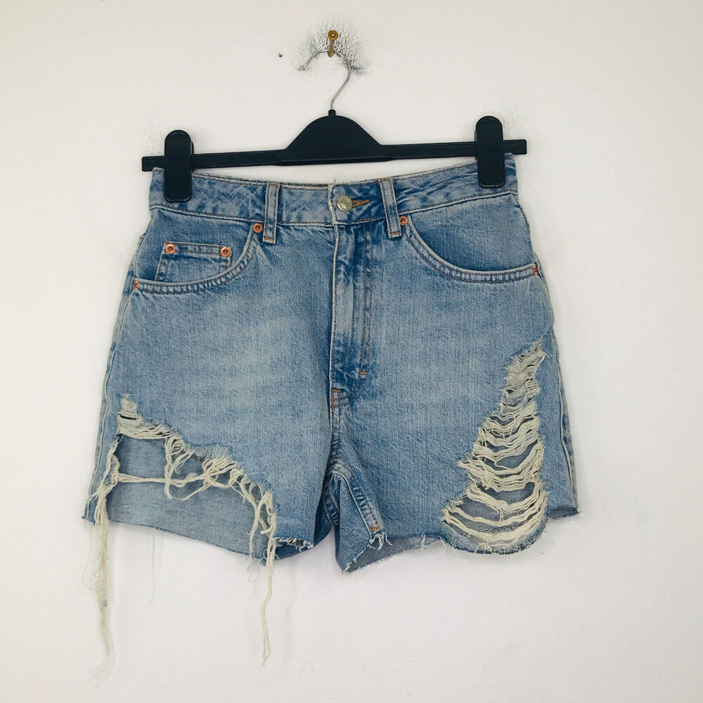 Topshop Women's 2 Denim Shorts Mid Blue A-Line Ripped Mom Medium Wash CC24